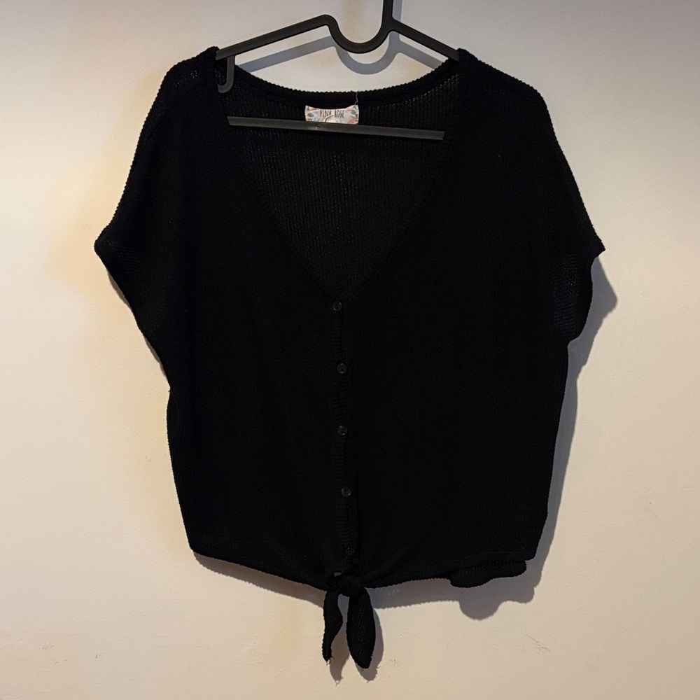 Pink Rose Black Knit Tie-Front Blouse
